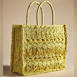Anthropologie Raffia Fringe Tote Green